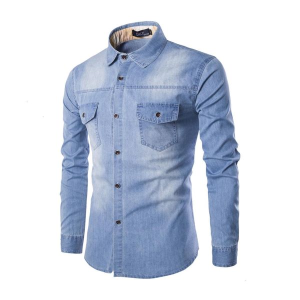 

quality good men's denim shirt chest double pocket autumn slim long sleeve shirt fashion camisa masculina mens shirts plus 6xl, White;black