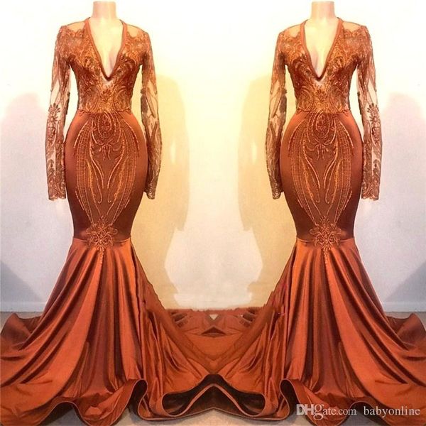 

popular orange mermaid prom dresses 2019 new v neck long sleeves vintage evening gowns applique sequin formal party gowns plus size, Black;red