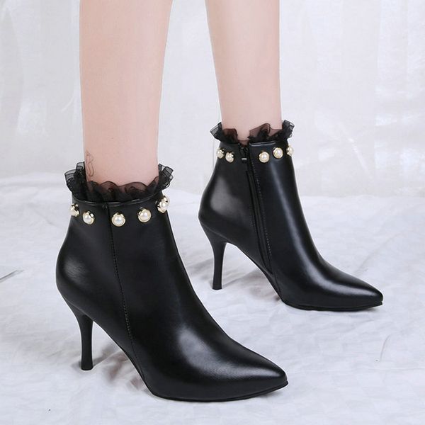 

size35-38 nice new women fashion ankle boots spring autumn pearl shoes woman dress female high heels footwear with lace, Black