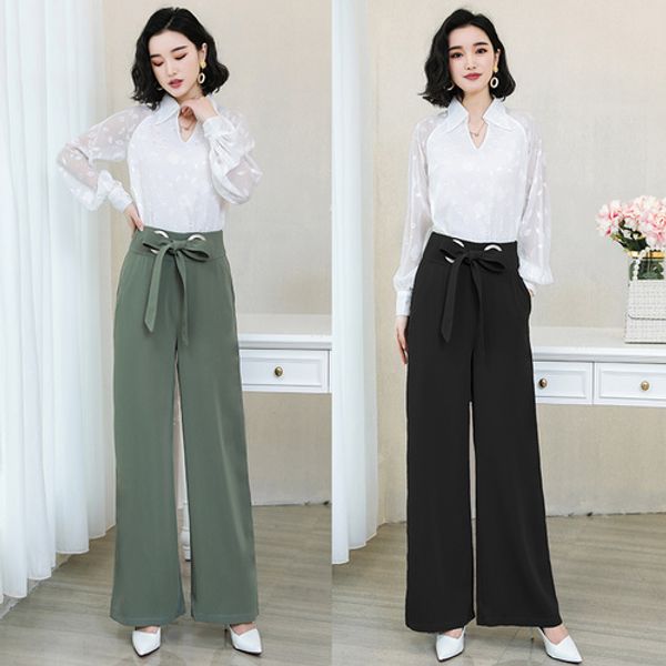 

spring westernized women's sets broad legged pants with bow knot fashion v-neck shirts fashion two piece temperament, White