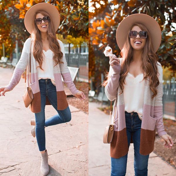 

fashion striped sweater multicolor cardigan colorblock jacket women's knits tees casual sweater shirts, White