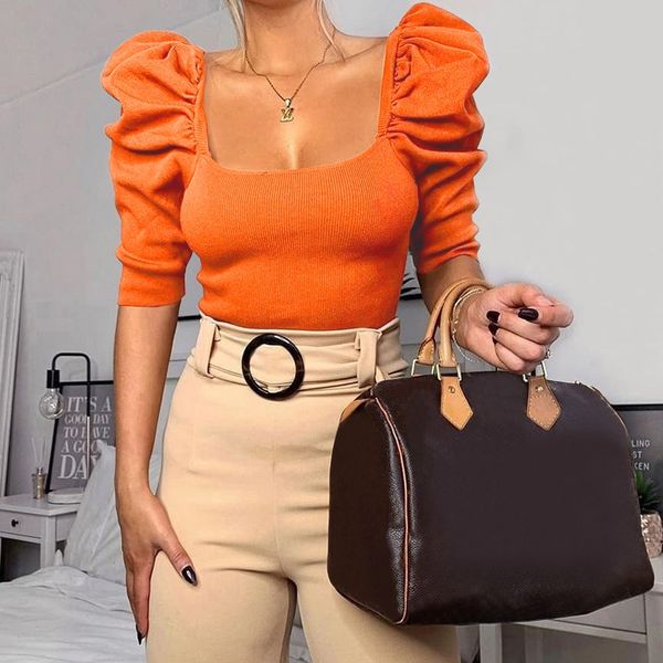 

wind 2019 autumn women's bubble sleeve square collar slim street shooting all-match t-shirt t-shirt, White