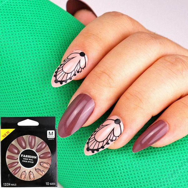 

wakefulness 12pcs long stiletto false nail tips with glue lace full cover fake nails tips manicure press on nails charms, Red;gold