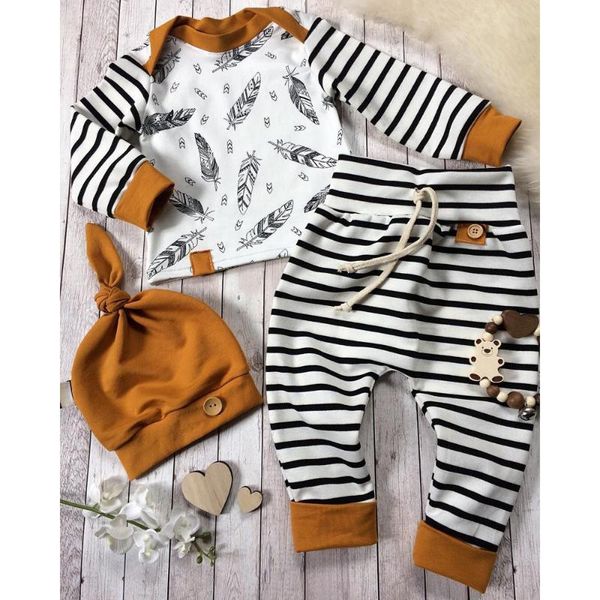 

newborn baby boy girl feather t shirt striped pants clothes outfits set fashion infants +overalls long sleeve kids set, White