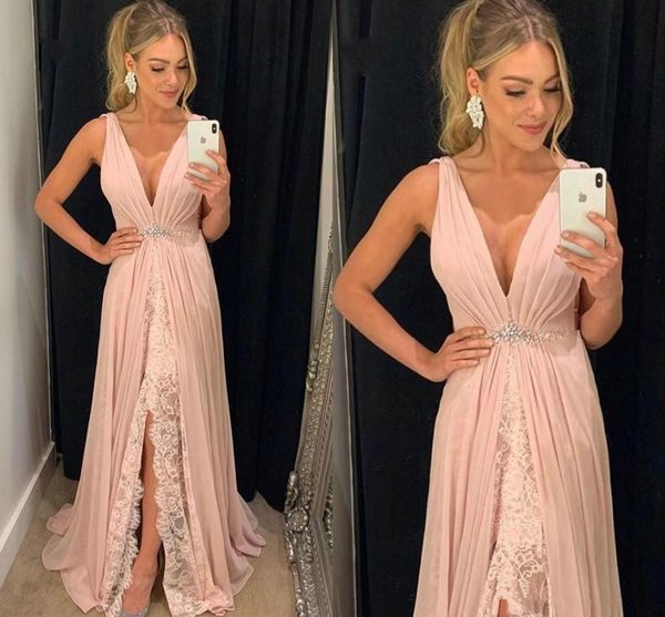 

lace chiffon a line prom dresses with beaded sash deep v neck long evening gowns cheap, Black