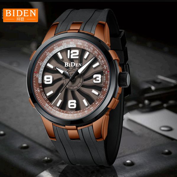 

biden 2018 new watch men rotate case top silicone strap stereo dial mens sport wristwatch waterproof male colock, Slivery;brown