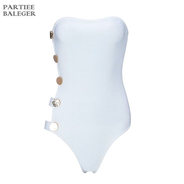 

2019 summer new arrival white bodysuit strapless sleeveless buttons design waist hollow out wholesale bandage swimsuit, Black;white