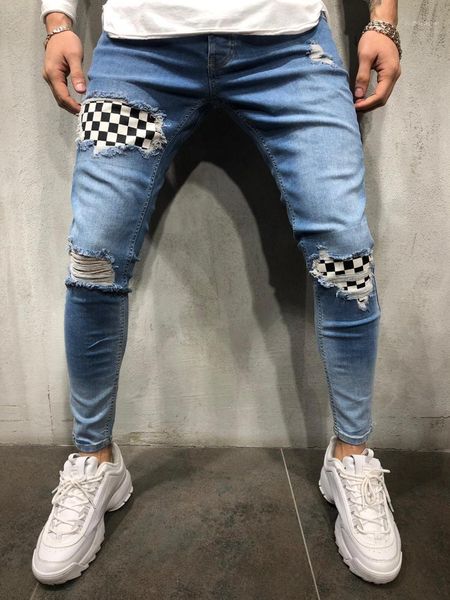 

knee holes spring autumn designer pantalones street skateboard pencil pants mens pencil jeans, Blue
