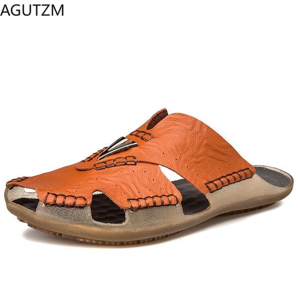 

2020 new quality leather non-slip slippers men beach sandals comfortable summer shoes men slippers classics flip flops, Black