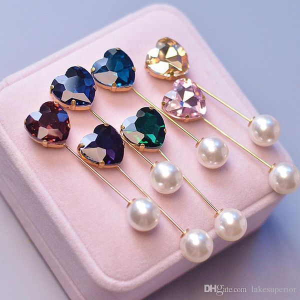 

women crystal heart brooch pin bling bling rhinestone pearl brooch suit lapel pin shirt accessories gift for love girlfriend, Gray