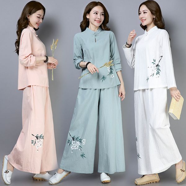 

spring women tai chi meditation uniforms linen wide leg loose yoga pant sweatshirt martial arts kungfu casual set activewear