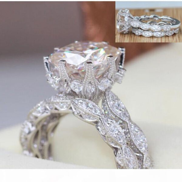 

vintage women round cut 3ct diamonique cz rings rose gold filled & 925 sterling silver flower wedding band ring set for women, Slivery;golden