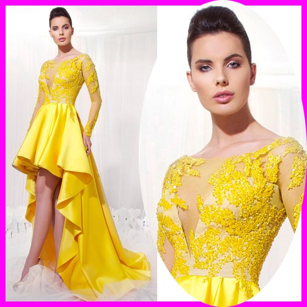 

couture yellow high low lace prom dresses 2015 evening dress party dresses scoop see through long sleeve beaded es-7m, White;black