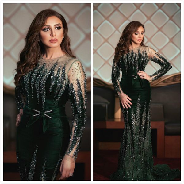 Aso Ebi 2020 Arabo Angham Lussuoso Abiti da sera a sirena Cristalli in rilievo Abiti da ballo Velluto Festa formale Abiti da secondo ricevimento ZJ265