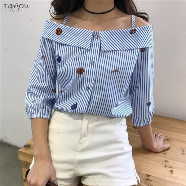 

us warehouse 2020 summer 3 4 sleeve women striped slash neck off shoulder shirts elegant fashion ladies casual blouse, White