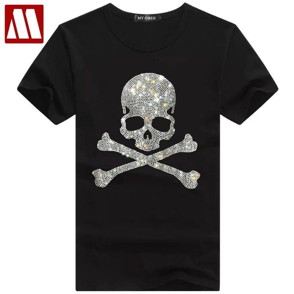 

new skull drilling t-shirt men's black white cotton short tshirt rhinestone tees shirt male shining lights, White;black