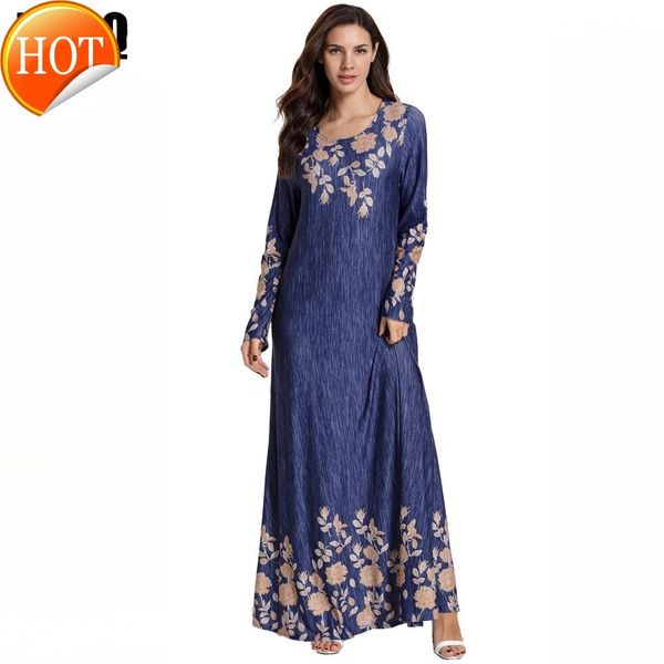 

fashion vestido mc207782 comfortable large size women's blue printed long sleeve round collar muslim casual dress, Red