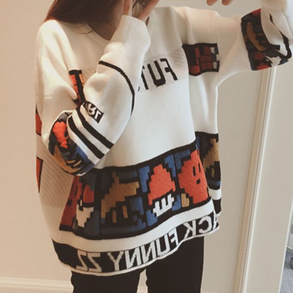 

korean style cartoon print sweater women winter casual loose lazy oaf knitted pullover female patchwork color block knitwear, White;black