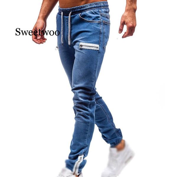 

men denim skinny slim fit jeans trousers casual drawstring jogger bottoms pants, Blue
