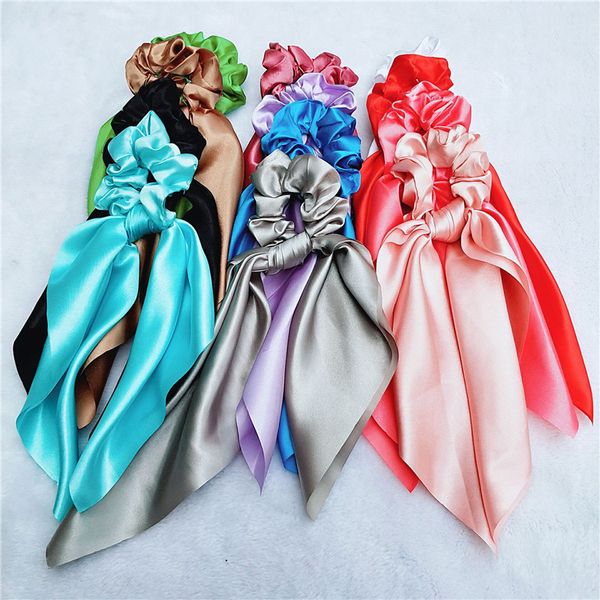 

fashion hairband solid satin scrunchie hair scarf hair ribbon for women girls ponytail holder bow hair rope jewelry, Pink