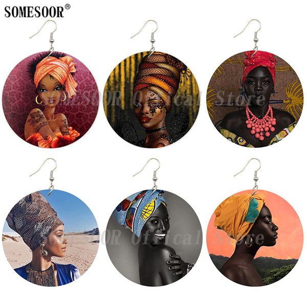 

somesoor afro headwrap black beauty wooden drop earrings african ethnic design both sides printed wood ear dangle for women gift, Silver