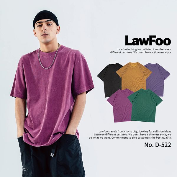 

lawfoo popular brand men's wear 260 grams important high street washing water retro american vintage round barrel men's short-sl, White;black