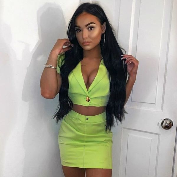 

2019 short sleeve neon green blazer women deep v neck crop streetwear single button jackets and blazers, White;black