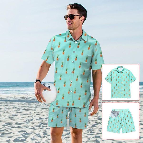 

new summer 3d pineapple print men loose hawaiian shirt+beach shorts set 2020 button down short sleeve party holiday shirt suits, Gray