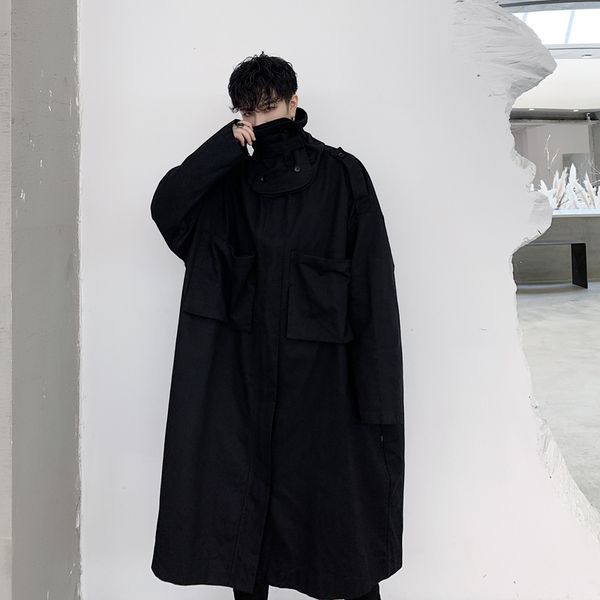 

men's trench coats male japan streetwear coat men oversize detachable collar loose casual long jacket overcoat windbreaker outerwear, Tan;black