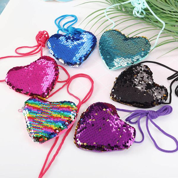 

heart shape mermaid coin purse sequins with lanyard wallet bag portable glittler wallet keys storage bag crossbody small bag