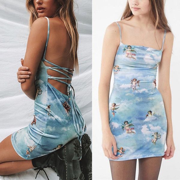 

sleeveless casual spaghetti strap mini dress 2019 summer women angel print slash neck bandage dress elegant short party, Black;gray