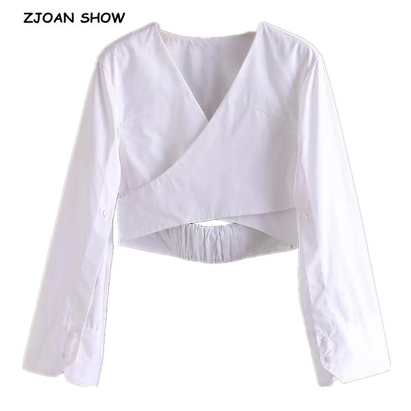 

2020 flare sleeve cross v образным вырезом выдалбливают талия белая рубашка женщины назад эластичный бандаж короткий пуловер блузка с длинны, White