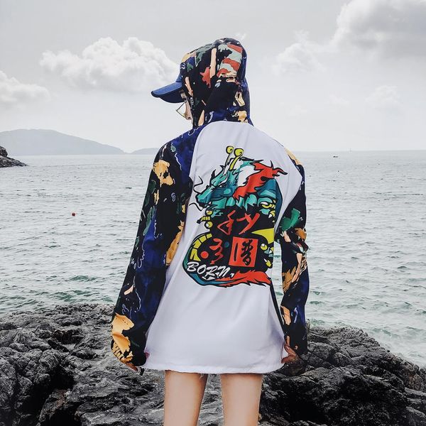 

bomber jacket cartoon chinese dragon printed women hip hop cool coat patchwork long sleeve zipper hooded streetwear outwear, Black;brown