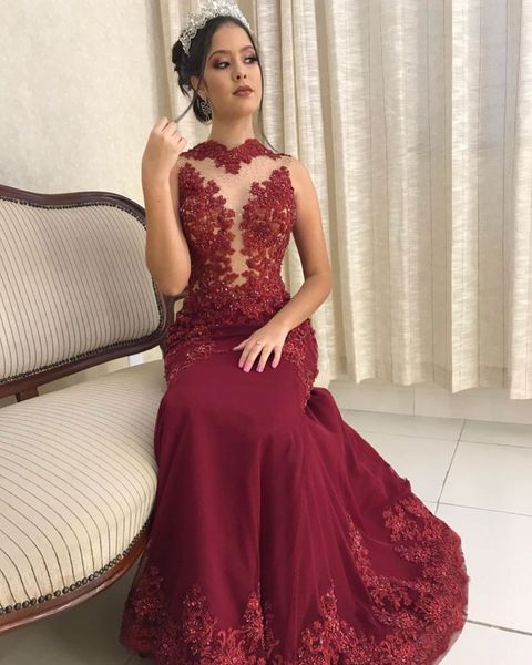 

бургундия пром платье pageant платья высокой шея без рукавов из бисера кружева русалка long 2020 современных партий вечера мантий customize, Black