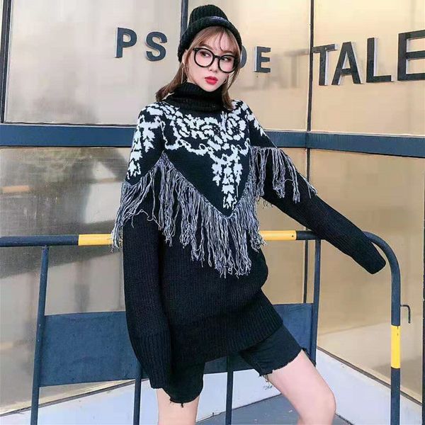 

tassels pullover sweater woman 2020 floral winter thick sweater loose turtleneck knitting black gray red qyf1299, White;black