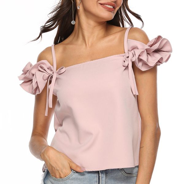 

women shirt fashion ruffles shoulder sling camisole solid color pink red shirts slash-neck sleeveless summer ladies clothing top, White