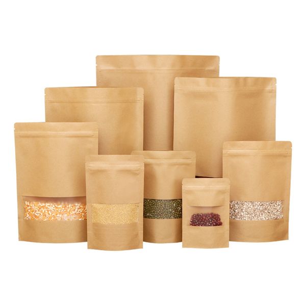 

100шт kraft paper stand up zipper сумка с окном resealable zip блокировки заваренной печати для еды упаковки горячей, Silver