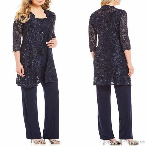 

2019 Dark Grey Scoop Lace Long Jacket Mother Of The Bride Suits Custom Modest Long Vestidos De Mother's Party Gowns Formal Evening Suits