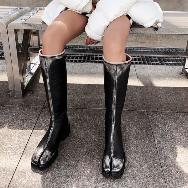 

женская split toe из натуральных кожи колена thighankle boots блока коренастого vintage западной обувь punk мотоциклы, Black