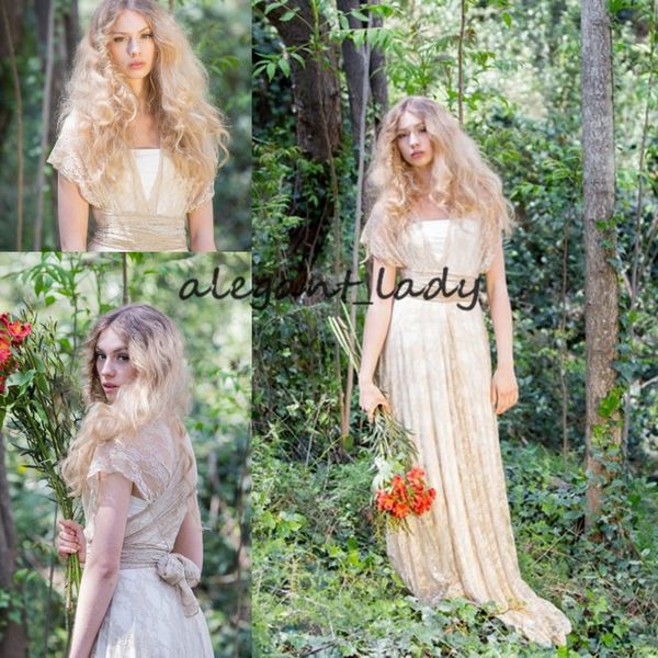 

champagne ivory lace western country boho wedding dresses with wrap sleeve 2019 vintage v-neck bohemian beach bridal wedding gown, White