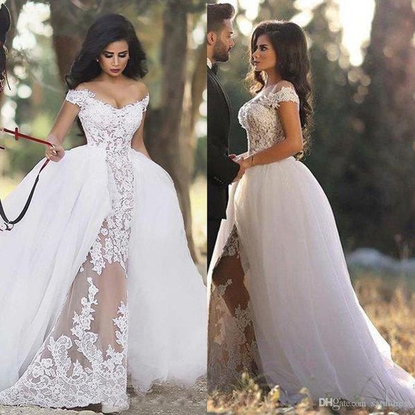 

amazing wedding dresses detachable skirt off the shoulder lace applique tulle arabric country wedding gowns plus size new, White