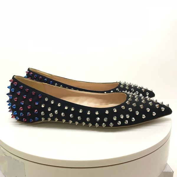 

2020 fashion wedding lady women multicolor spikes black suede leather poined toes flat heels shoes designer pumps