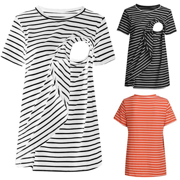 

vetement femme 2020 women pregnant nusring maternity and blouses o-neck short sleeve printed stripe blouse clothes, White