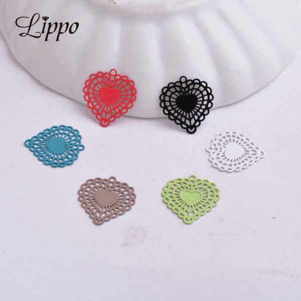 

100pcs ac2575 brass small heart charms colorful filigree earrings connector metal embellishment diy jewelry materials 14mm*15mm, Bronze;silver