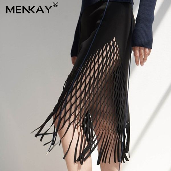 

menkay] skirt for women high waist patchwork hollow out pleated irregular long skirts casual streetwear female skirt bottoms, Black