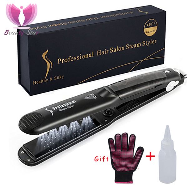 

professional steam hair straightener ceramic vapor hair flat iron seam hair straightening iron curler steamer styling tool, Black