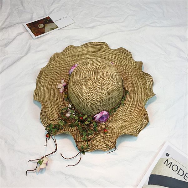 

straw summer hat for women protection cap sun hat beach wide brim foldable uv upf50 flower sun visor caps travel gorras, Blue;gray