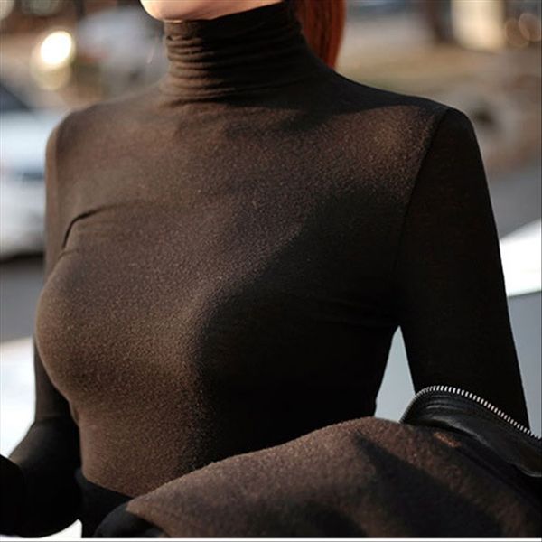 

warm as promised thin t- dress solid color high collar slim base shirt women's t-shirt women's dress, White