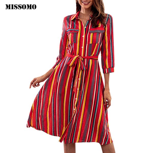 

missomo clothes women dress long sleeve striped multicolor loose button striped dress bohe beach belt vintage vestidos, Black;gray