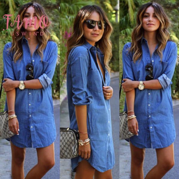 

quality good long sleeve womens blue jeans denim t shirt long sleeve casual loose shirt short dress woman clothes, Black;gray